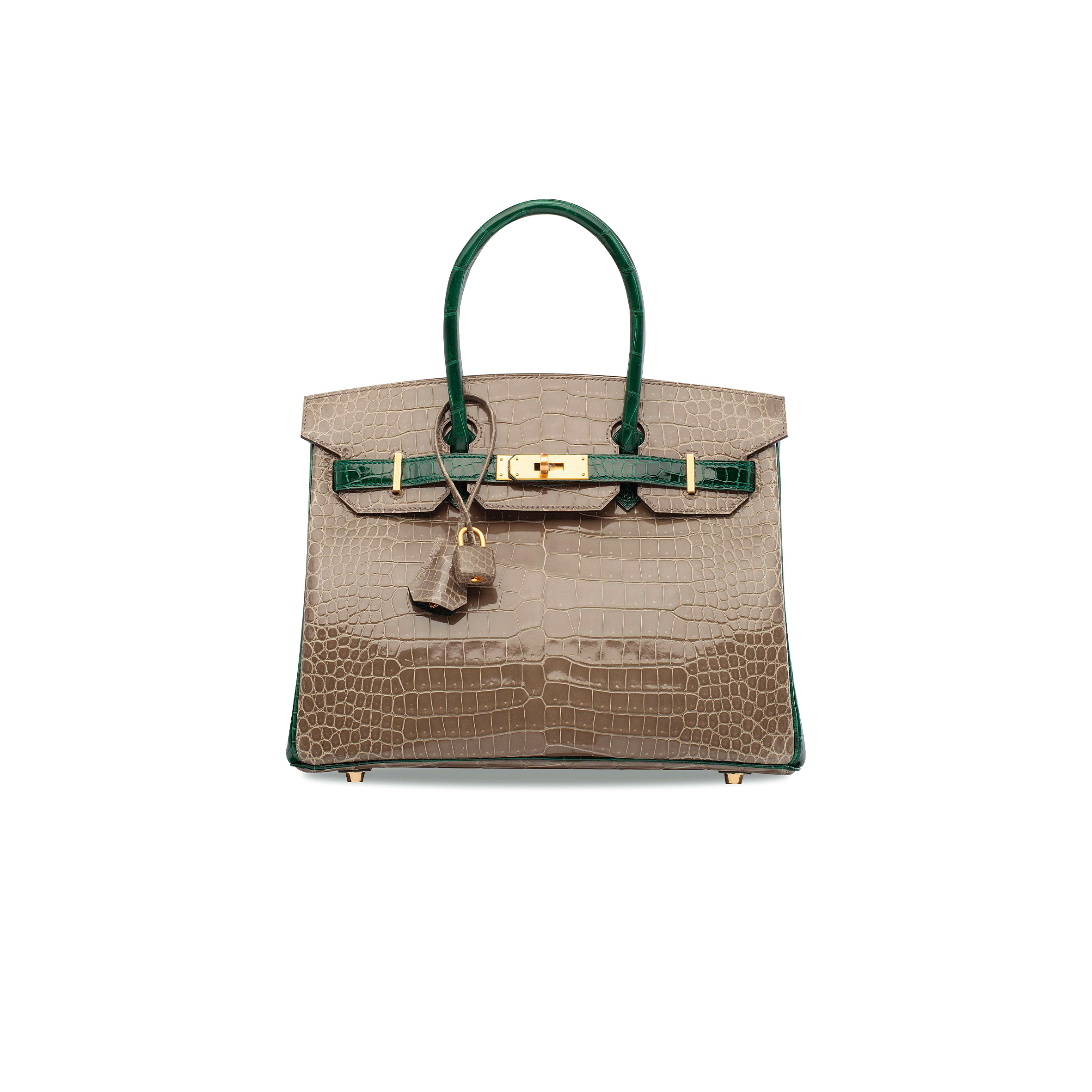 HERMÈS MASTER BIRKIN 30 CROCODILE LEATHER PEARL GREY AND EMERALD GOLD BUCKLE H041367CK9K (30*22*15cm)